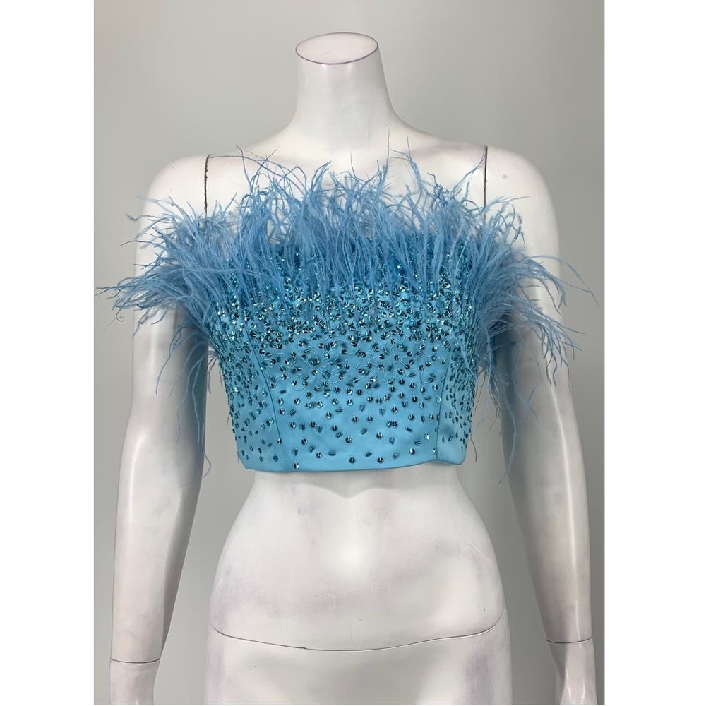 NBD Blue Feather Embellished Crop Top